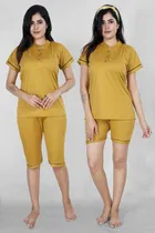 Polycotton Solid T-shirt with Shorts & Capri for Women (Yellow, L)