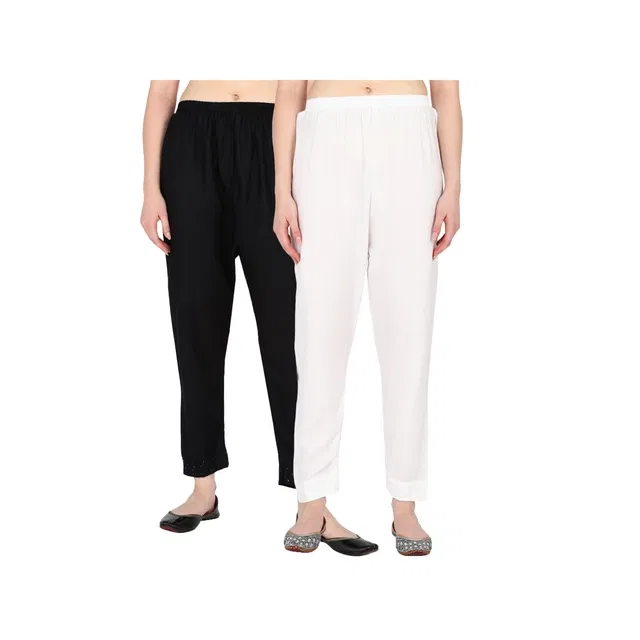 Rayon Solid Trousers for Women (White & Black, S) (Pack of 2)