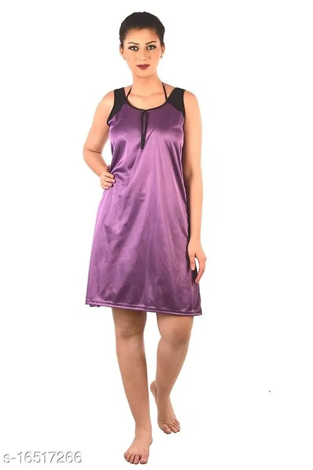 Satin Nightdress Set for Women (Purple, M)