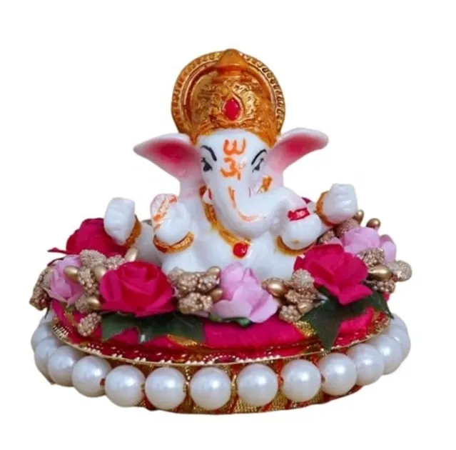 Metal Decorative Ganpati Haldi Kumkum Stand with 2 Roli Chawal Holder, Multicolor