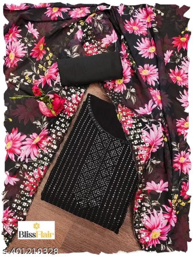 Embroidered Unstitched Suit for Women (Black & Pink, 2.25 m)