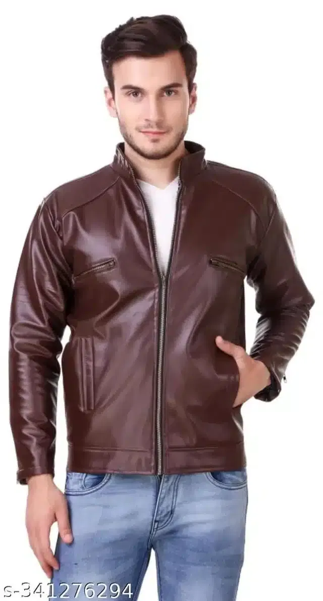 Synthetic Leather Full Sleeves Solid Jacket for Men (Dark Brown, XXL)