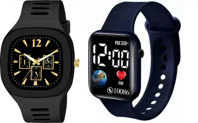 Analog with Smartwatch Combo for Men (Black & Blue, Pack of 2)