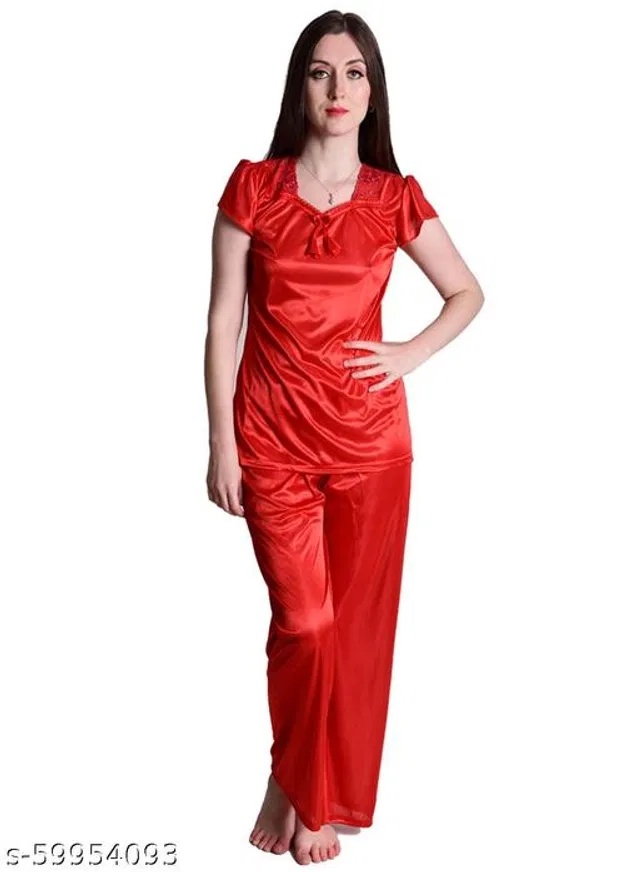 Satin Nightsuit Set for Women (Red, M)