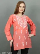 Cotton Chikankari Short Kurti for Women, Pink 