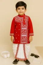 Cotton Printed Kurta with Dhoti for Boys, Red & White 