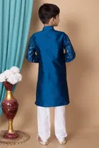 Dupion Silk Embellished Kurta with Payjama for Boys, Blue & White 