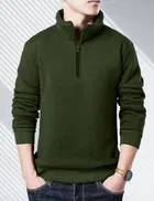 Fleece Solid Hi-Neck Sweater for Men, Dark Green 