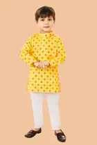 Cotton Blend Printed Kurta with Payjama for Boys, Yellow & White 