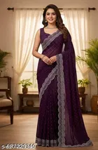 Chiffon Embellished Saree For Women, Purple