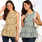 Rayon Printed Flared Top for Women (Gold & Teal, S) (Pack of 2)