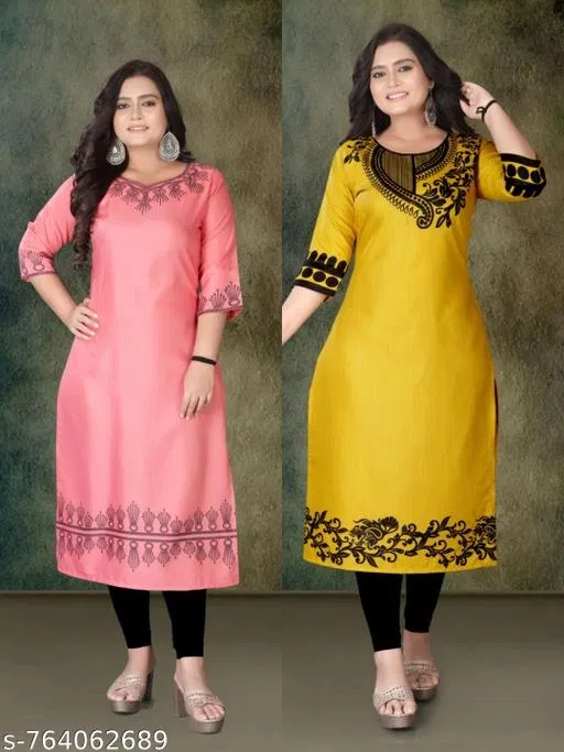Ethnic Motif Rayon Kurti for Women, Pack of 2 (Yellow, M)