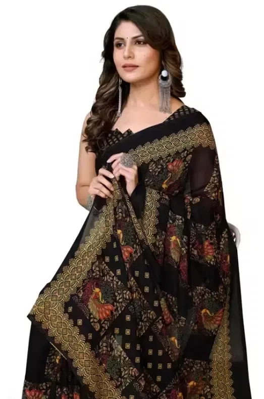 Georgette Saree for Women (Black, Free Size)