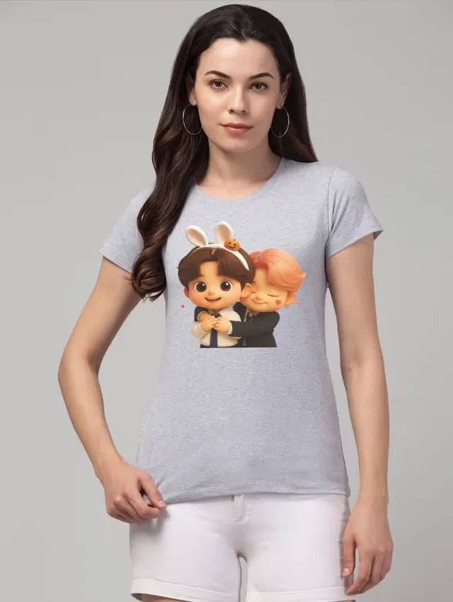 Cotton Blend Printed T-shirt for Women, Grey (S)