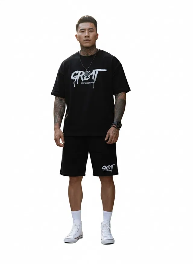 Polyester Printed Co-Ord Set for Men, Black (S)