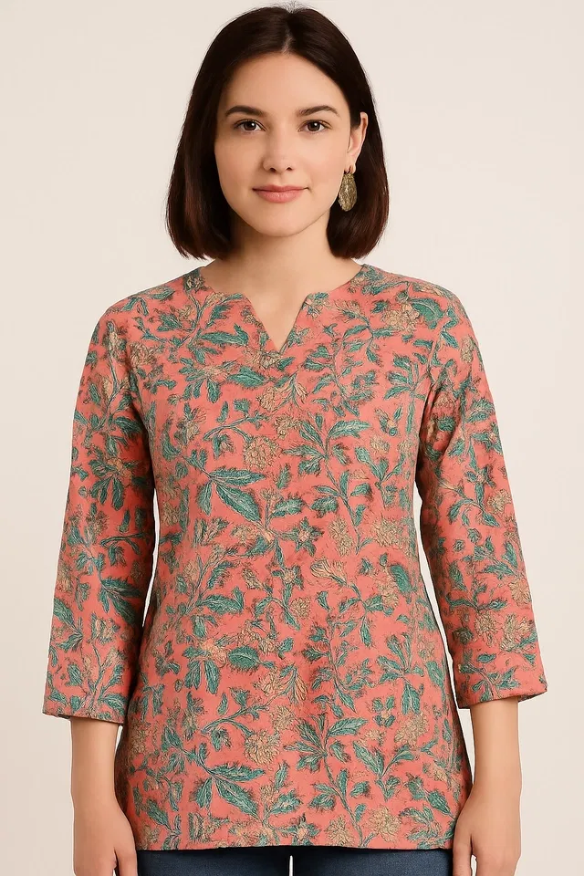 Cotton Floral Print Short Kurti for Women (Multicolor, M)