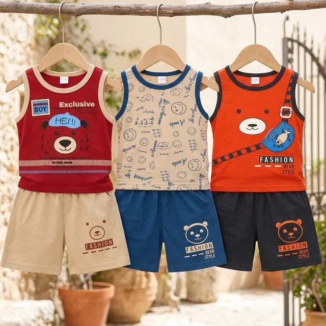Solid Cotton Blend Top & Bottom Set for Boys (Multicolor, 0-12 M)