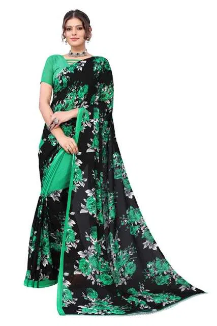 Women Georgette Printed Saree With Unstitched Blouse (Green) (SD-17)