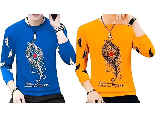 Round Neck Printed T-Shirt for Men (Mustard & Royal Blue, S) (Pack of 2)