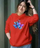 Fleece Printed Hoodie for Women, Red 