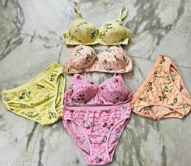 Cotton Blend Printed Lingerie Set for Women (Multicolor, 32A) (Pack of 3)