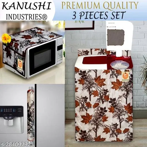 KANUSHI Industries® Microwave / Oven Top Cover With 4 Utility Pockets + 1 Pc Washabl & Dustproof Semi Load Automatic Washing Machine Cover + 1 Pc FRIDGE HANDLE COVER (MICRO+W.M-SEMI+1-HANDLE-BROWN-SHUB)