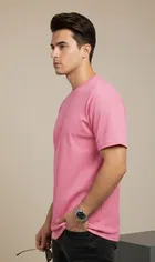 Polyester Round Neck T-shirt for Men, Pink 
