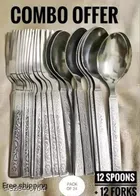 Stainless Steel 12 Pcs Spoons with 12 Pcs Forks (Silver, Set of 2)