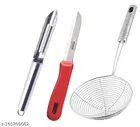 Stainless Steel Peeler with Deep Frying Strainer & Kitchen Knife (Red & Silver, Set of 3)