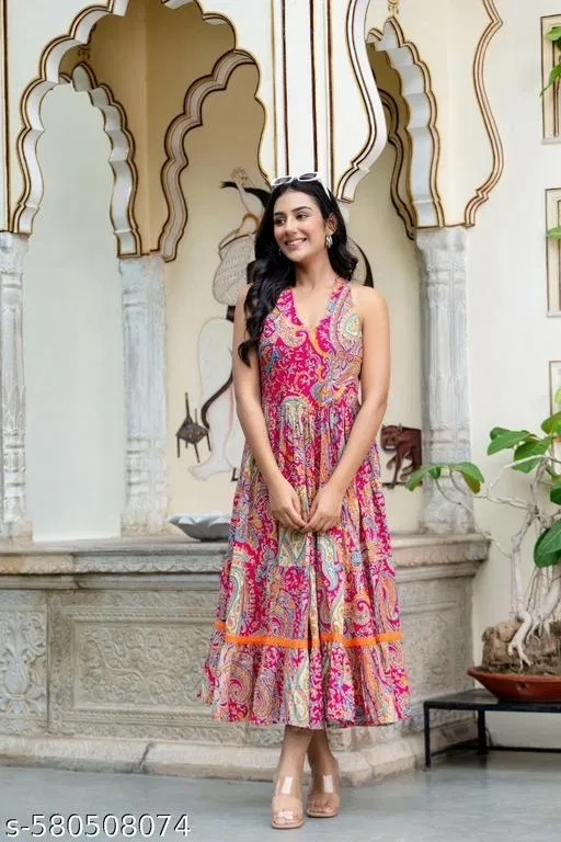 Rayon Printed Kurti for Women, Pink (M)