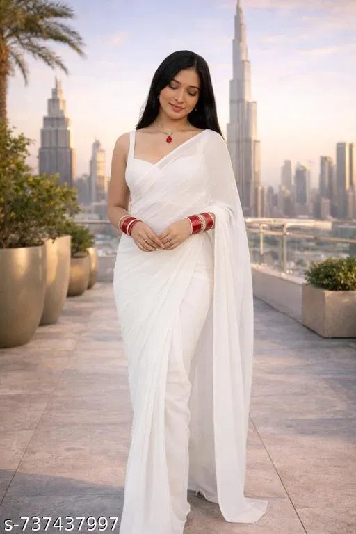 Stylish Georgette Saree for Women (White)