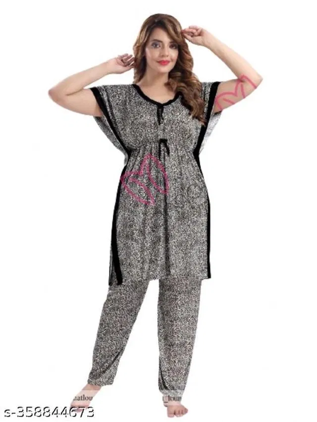 Satin Nightsuit for Women (Black & White, XL)