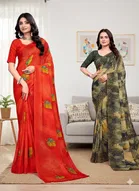 Georgette Printed Saree for Women, Multicolor, Pack of 2 