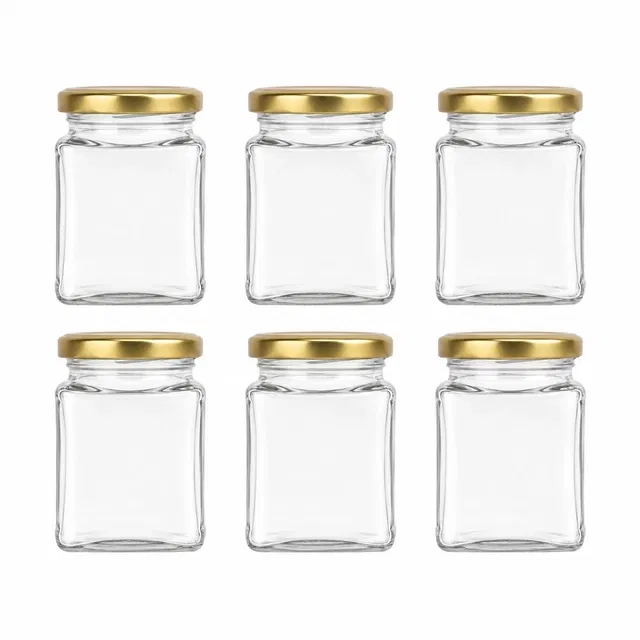 Afast (Set of 6 250ml each, Glass Square JAR/Container, Food Grade, Air Tight and Rust Proof Golden Cap, for Kitchen Multipurpose Use