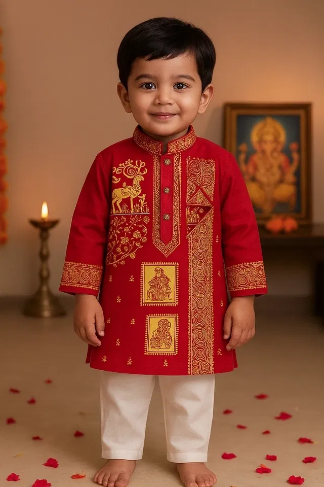 Cotton Printed Kurta with Payjama for Boys, Red & White (3-4 Years)
