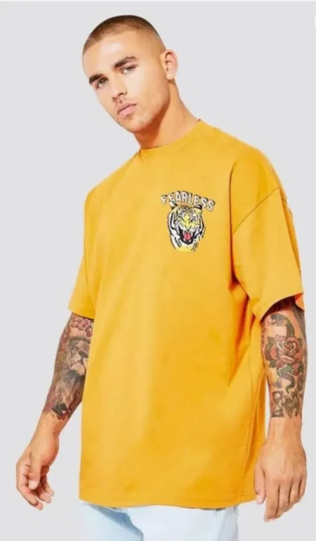 Round Neck Printed Oversized T-Shirt for Men (Yellow, L)