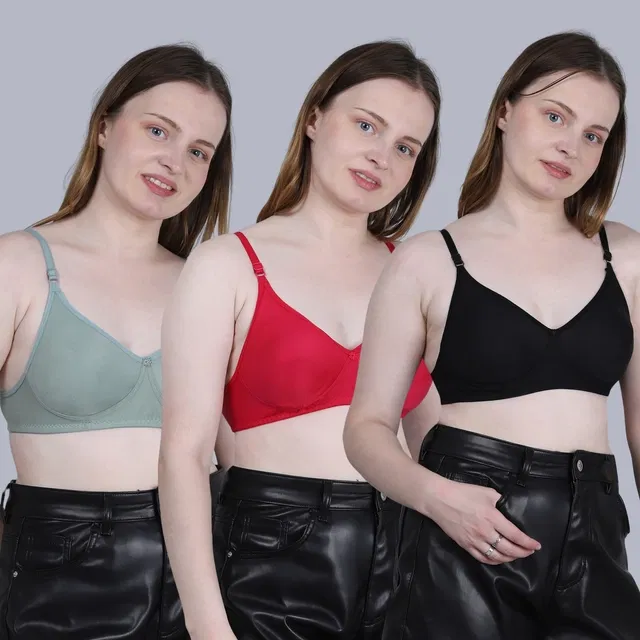 Cotton Non-Padded Bra for Women, Multicolour, Pack of 3 (34B)