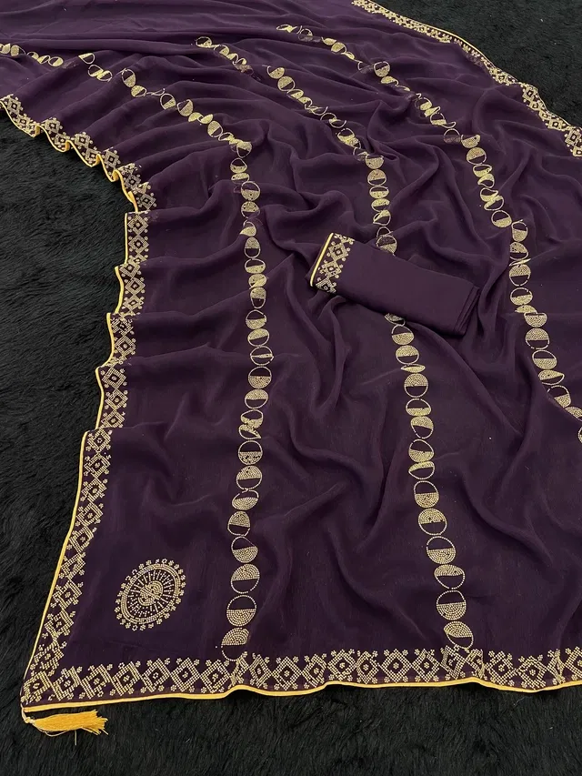 Crepe Solid Saree for Women (Wine, 6.3 m)