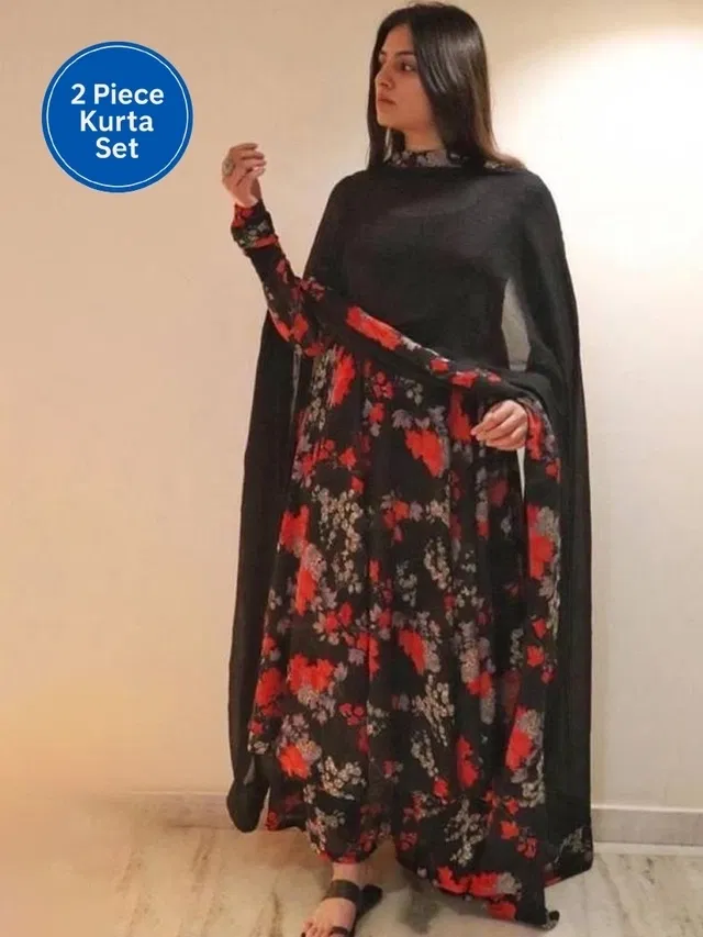 Georgette Printed Anarkali Women's Kurta with Pant & Dupatta Set (Multicolor, S)