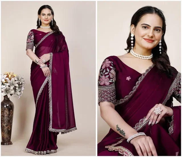 Chiffon Woven Design Saree for Women (Wine, 6.3 m)