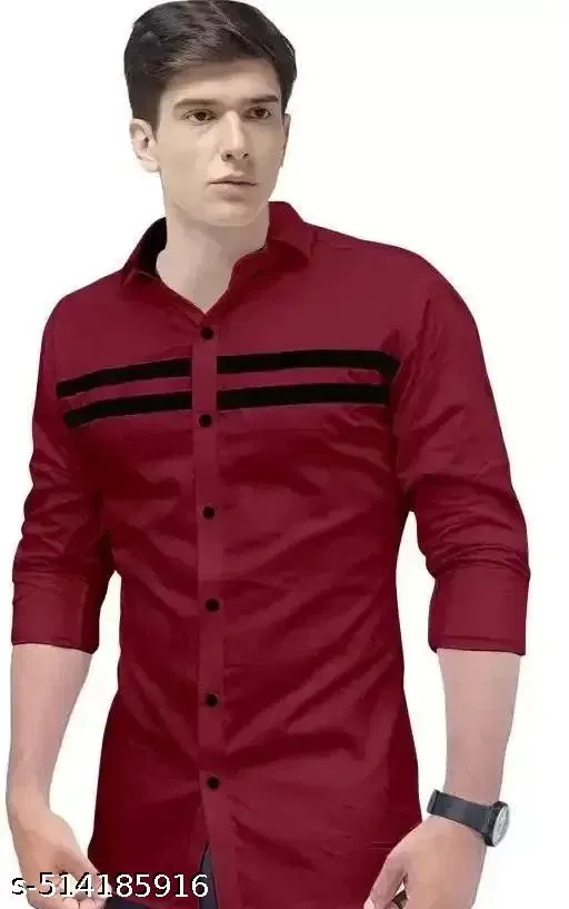 Cotton Blend Striped Shirt for Men, Maroon (L)