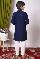Rayon Cotton Embellished Kurta with Payjama for Boys, Navy Blue & White 
