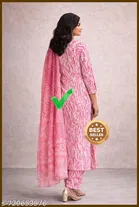 Cotton Silk Printed Kurta With Paint & Dupatta Set for Women, Peach 