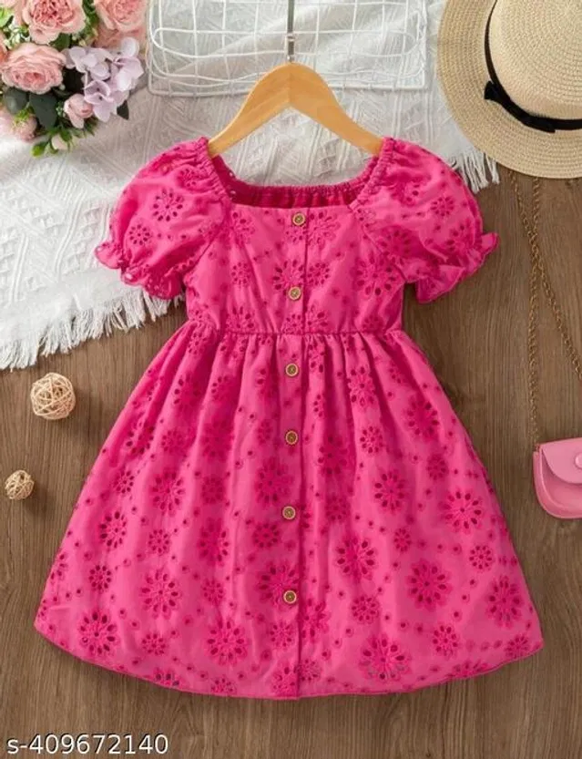 Cotton Frock for Girls (Pink, 6-12 Months)