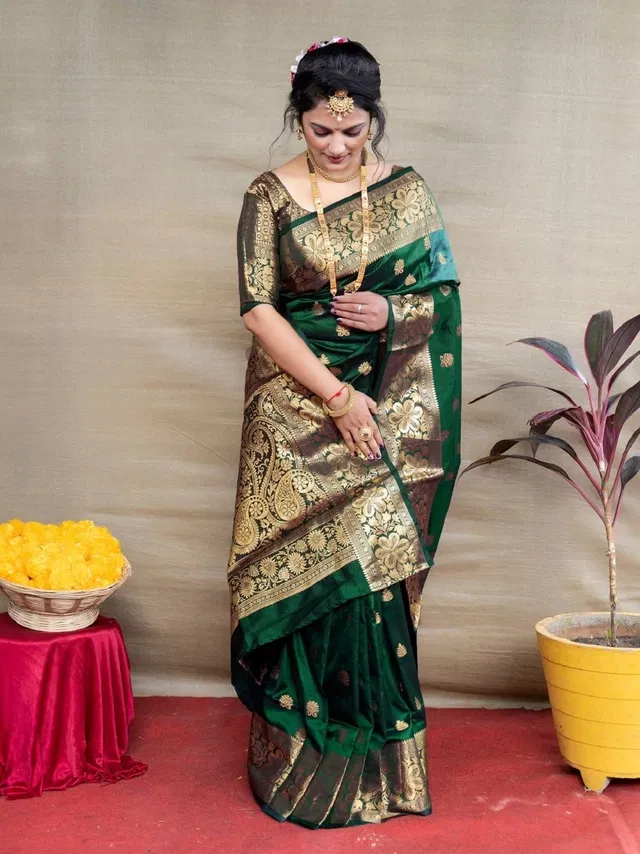 Silk Woven Design Saree for Women, Bottle Green (6.3 m)