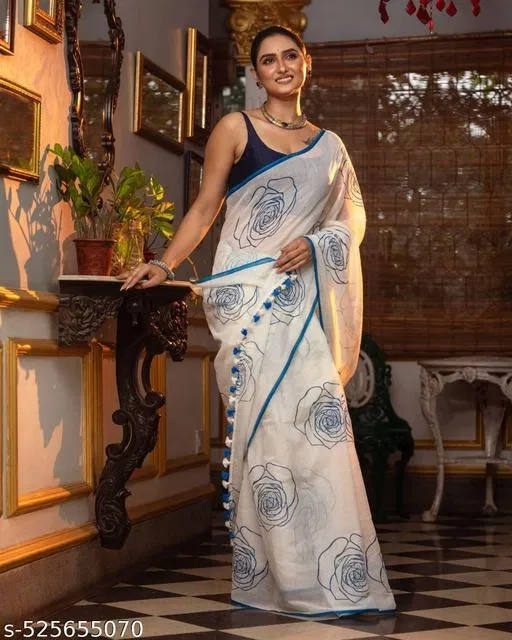 Chanderi Cotton Blend Floral Printed Saree for Women (White)