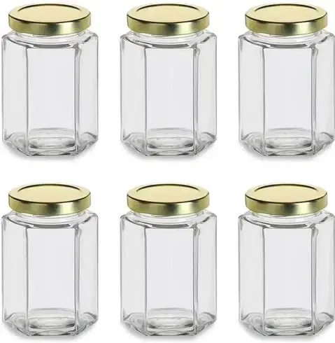 Afast 250Ml Transparent Gold Lid Glass Hexagone Jars | Best Quality Glass Jars For Your Home And Kitchen (Pack Of 6)