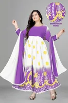 Jute Silk Printed Anarkali Kurti with Dupatta for Women (Lavender & White, S)