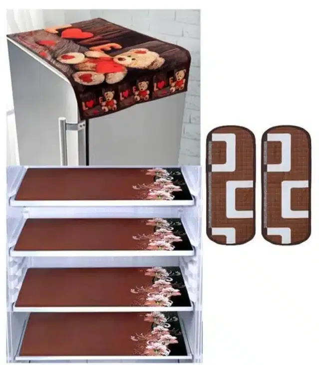Knit Printed Fridge 4 Pcs Mat with 2 Pcs Handle & Top Cover (Multicolor, Set of 1)
