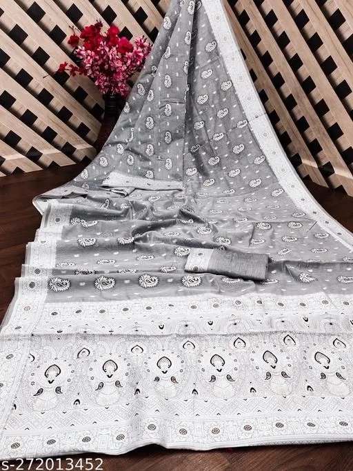 Cotton Zari Woven Saree for Women (Grey, 6.3 m)